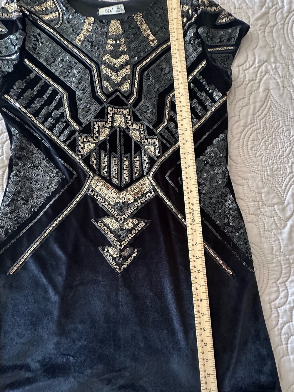 Black Velvet Sequin Mini Dress Art Deco Geometric Gold Black Mobwife Glam Chic - Picture 9 of 10